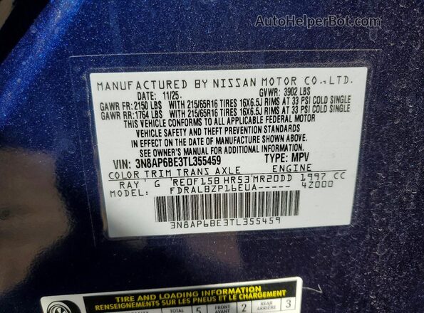 3N8AP6BE3TL355459 2026 NISSAN KICKS Blue VIN sticker view