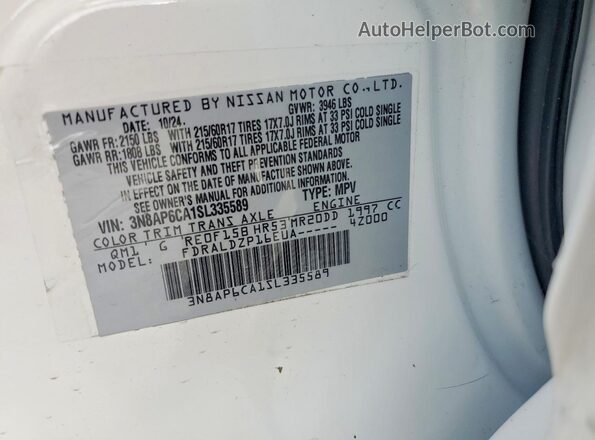 3N8AP6CA1SL335589 2025 NISSAN KICKS White Vista del compartimento del motor