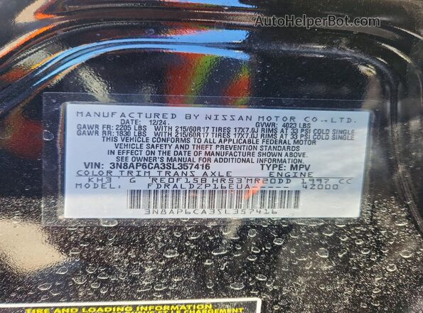 3N8AP6CA3SL357416 2025 NISSAN KICKS Black VIN sticker view