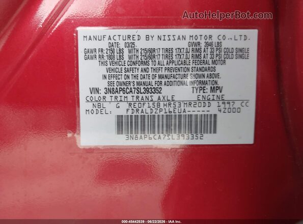 3N8AP6CA7SL393352 2025 NISSAN KICKS Red Vista del compartimento del motor