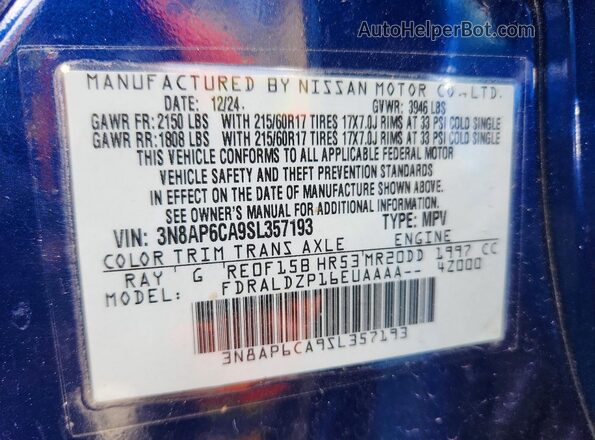 3N8AP6CA9SL357193 2025 NISSAN KICKS Blue 