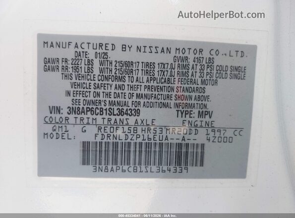 3N8AP6CB1SL364339 2025 NISSAN KICKS White Engine compartment view