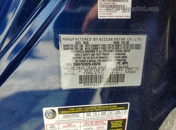 3N8AP6CB2SL435239 2025 NISSAN KICKS Blue VIN կոդի պիտակի տեսք