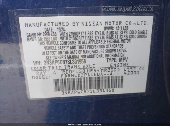 3N8AP6CB7SL331958 2025 NISSAN KICKS Blue ძრავის განყოფილების ხედი