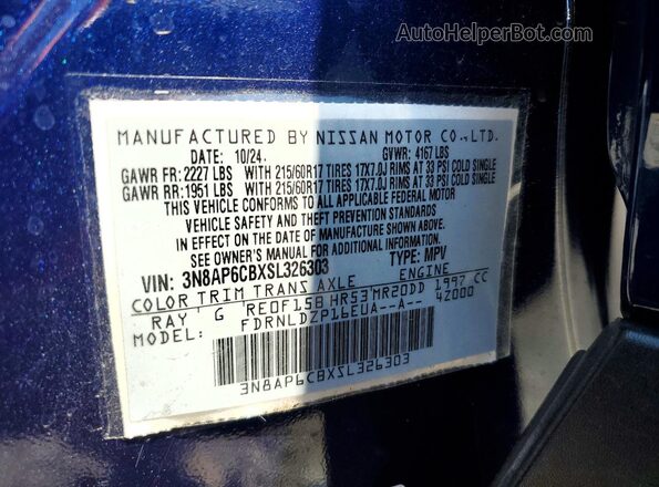 3N8AP6CBXSL326303 2025 NISSAN KICKS Blue VIN კოდის სტიკერის ხედი