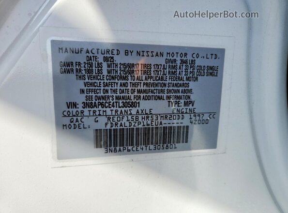 3N8AP6CE4TL305801 2026 NISSAN KICKS Белый Вид наклейки с VIN-кодом