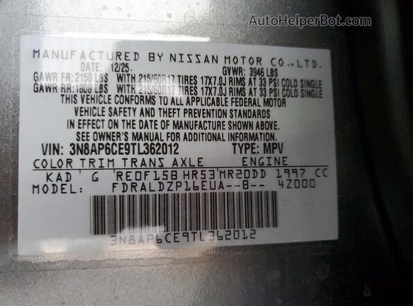 3N8AP6CE9TL362012 2026 NISSAN KICKS Gray VIN կոդի պիտակի տեսք