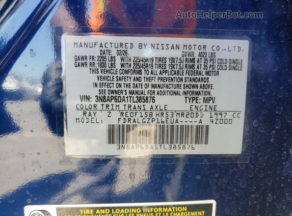 3N8AP6DA1TL385876 2026 NISSAN KICKS Blue Vista de la etiqueta del VIN