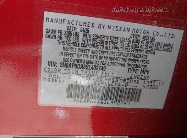 3N8AP6DA6SL402749 2025 NISSAN KICKS Red Engine compartment view