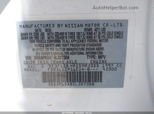 3N8AP6DA8SL327388 2025 NISSAN KICKS White ძრავის განყოფილების ხედი