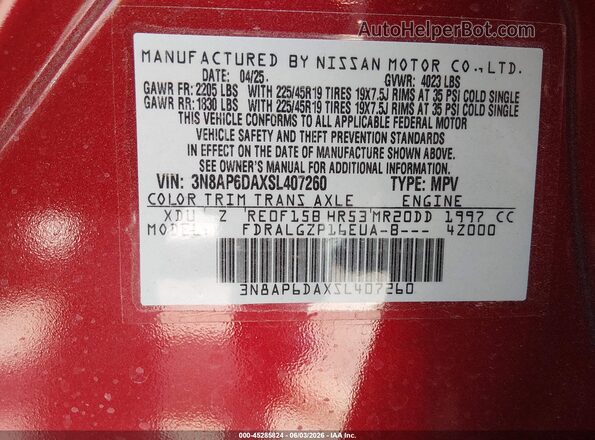 3N8AP6DAXSL407260 2025 NISSAN KICKS Red Engine compartment view