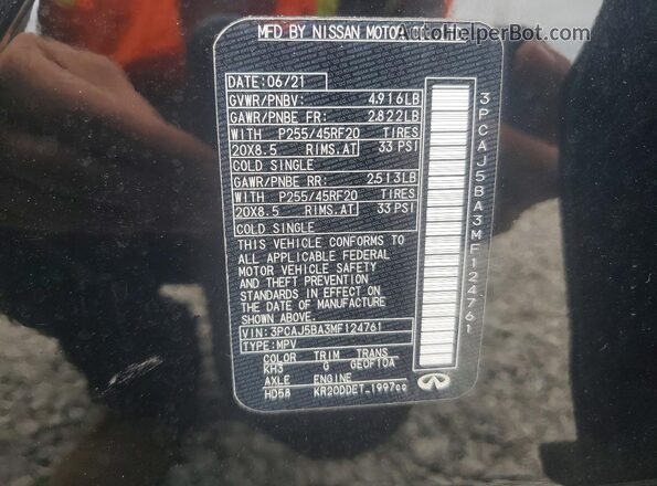 3PCAJ5BA3MF124761 2021 INFINITI QX50 Black VIN კოდის სტიკერის ხედი