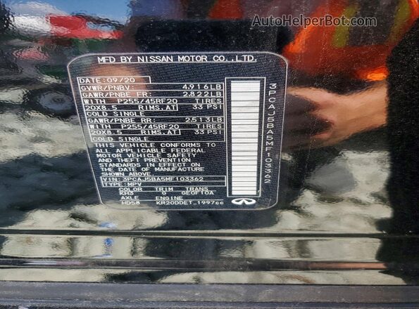 3PCAJ5BA5MF103362 2021 INFINITI QX50 Черный Вид наклейки с VIN-кодом