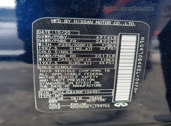 3PCAJ5BA8MF106921 2021 INFINITI QX50 Blue 360 interior view