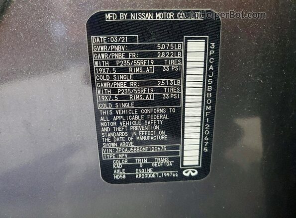 3PCAJ5BB0MF120675 2021 INFINITI QX50 Серый Вид наклейки с VIN-кодом