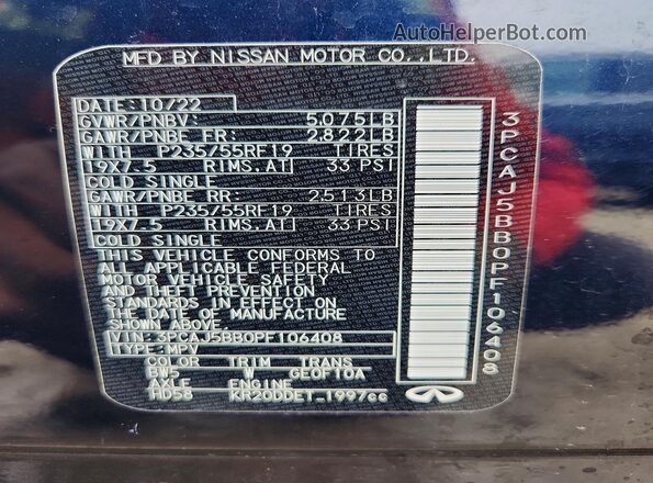 3PCAJ5BB0PF106408 2023 INFINITI QX50 Синий Вид наклейки с VIN-кодом