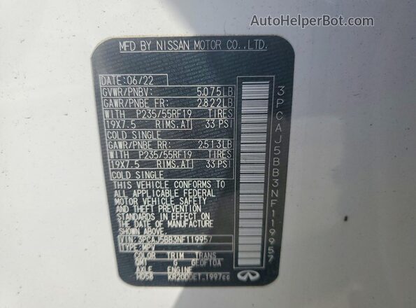 3PCAJ5BB3NF119957 2022 INFINITI QX50 White Панорамний вид салону 360°