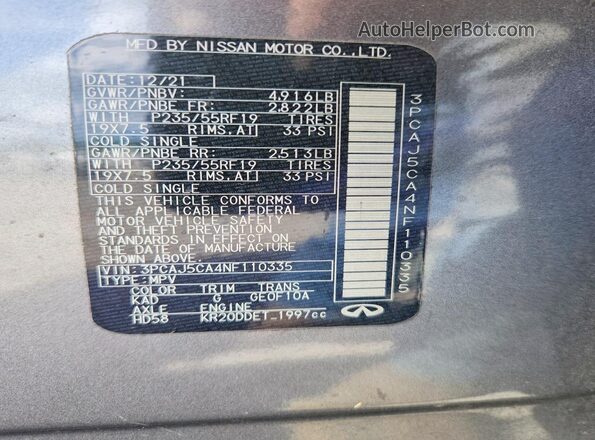 3PCAJ5CA4NF110335 2022 INFINITI QX50 Silver Widok naklejki z numerem VIN