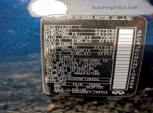 3PCAJ5CB5NF108456 2022 INFINITI QX50 Blue Widok wnętrza 360 stopni