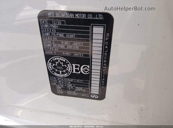 3PCAJ5CB6MF114572 2021 INFINITI QX50 White Engine compartment view