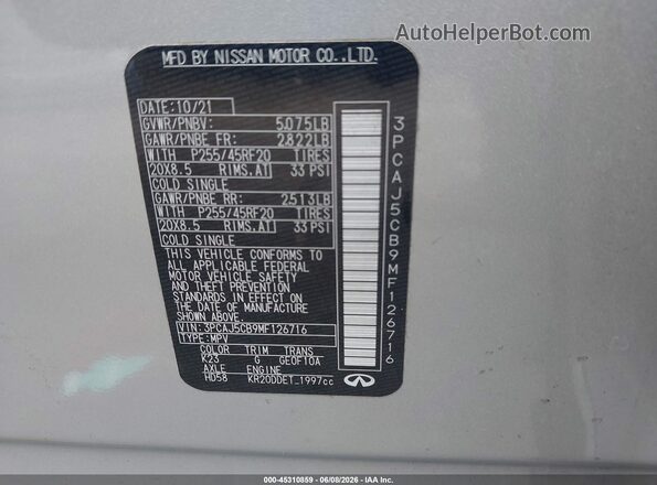 3PCAJ5CB9MF126716 2021 INFINITI QX50 Серебряный Вид подкапотного пространства
