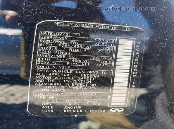 3PCAJ5DB8MF119383 2021 INFINITI QX50 Blue Widok wnętrza 360 stopni
