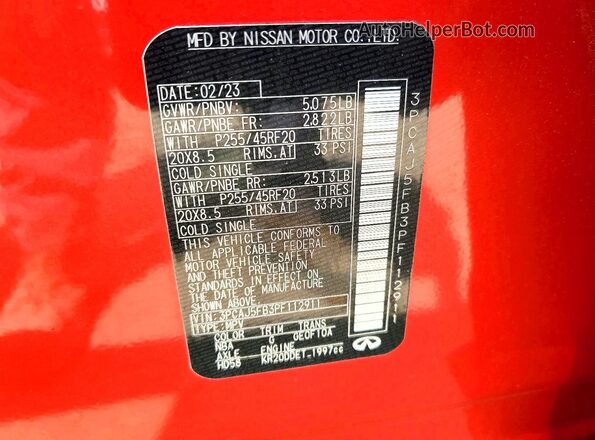 3PCAJ5FB3PF112911 2023 INFINITI QX50 Red VIN կոդի պիտակի տեսք