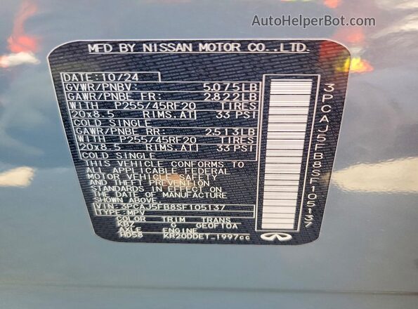 3PCAJ5FB8SF105137 2025 INFINITI QX50 Silver Widok naklejki z numerem VIN