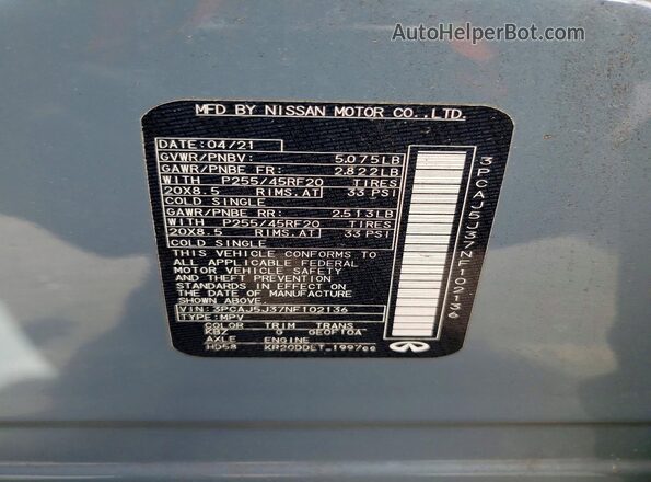 3PCAJ5J37NF102136 2022 INFINITI QX55 Blue Vista de la etiqueta del VIN