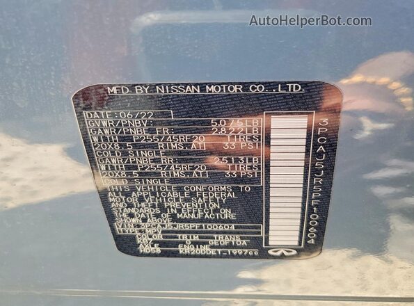 3PCAJ5JR5PF100604 2023 INFINITI QX55 Blue Widok naklejki z numerem VIN