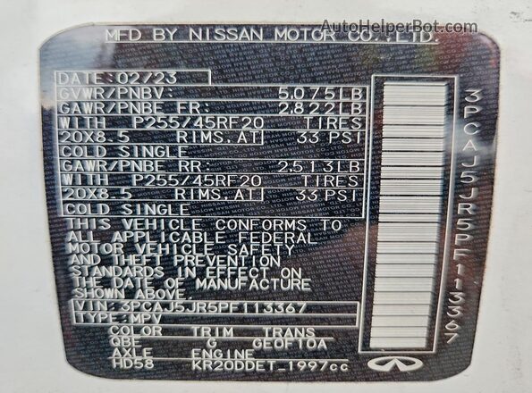 3PCAJ5JR5PF113367 2023 INFINITI QX55 White VIN კოდის სტიკერის ხედი