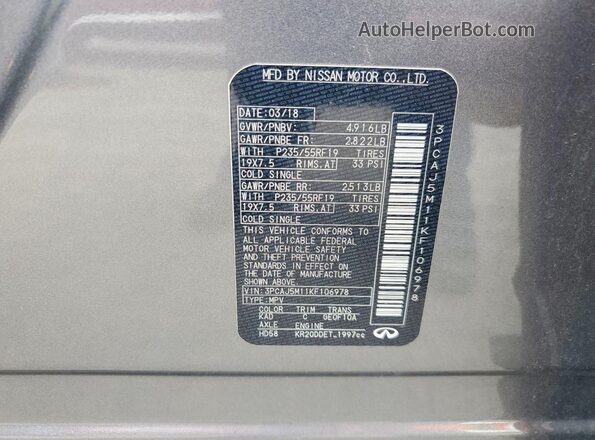 3PCAJ5M11KF106978 2019 INFINITI QX50 Серый Вид наклейки с VIN-кодом