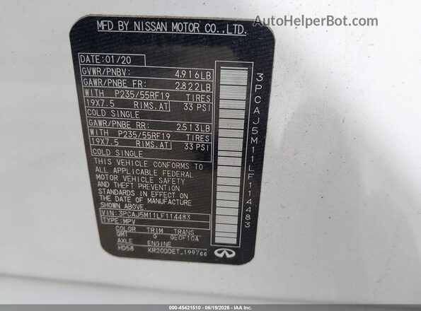 3PCAJ5M11LF114483 2020 INFINITI QX50 White Engine compartment view