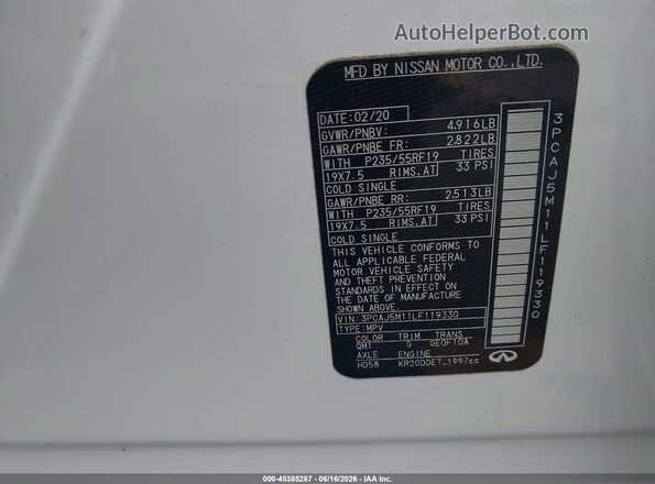 3PCAJ5M11LF119330 2020 INFINITI QX50 Белый Вид подкапотного пространства