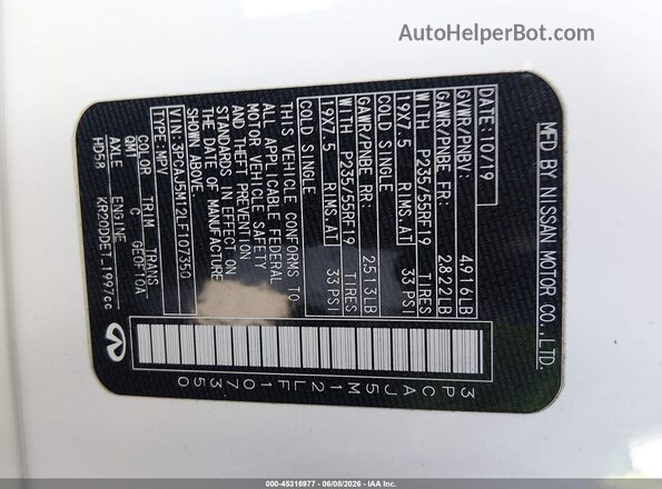 3PCAJ5M12LF107350 2020 INFINITI QX50 White Engine compartment view