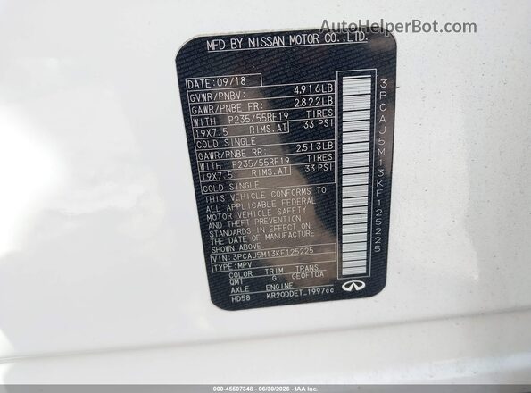 3PCAJ5M13KF125225 2019 INFINITI QX50 White Engine compartment view