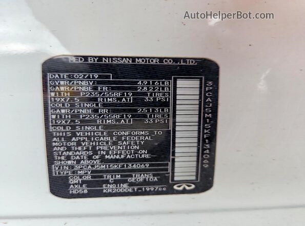 3PCAJ5M15KF134069 2019 INFINITI QX50 Белый 