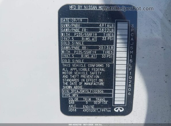 3PCAJ5M15LF102806 2020 INFINITI QX50 White Engine compartment view