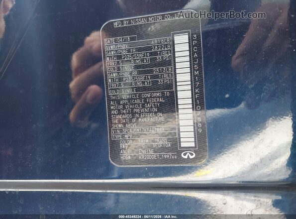 3PCAJ5M17KF107889 2019 INFINITI QX50 Blue Vista del compartimento del motor