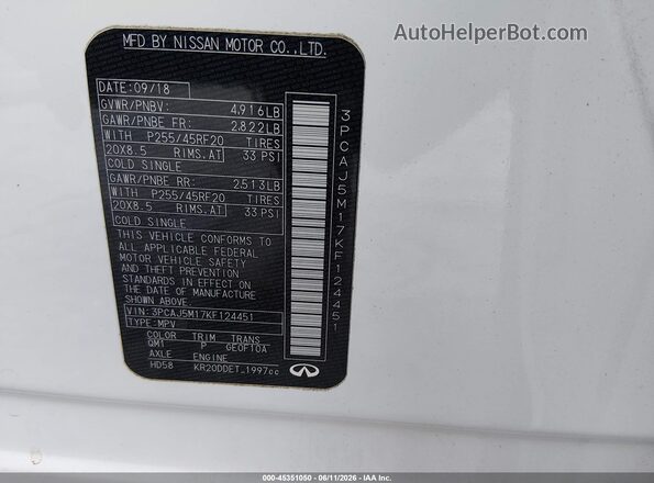 3PCAJ5M17KF124451 2019 INFINITI QX50 White Widok komory silnika