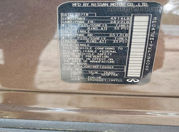 3PCAJ5M19KF126069 2019 INFINITI QX50 Brown Vista de la etiqueta del VIN
