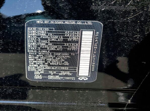 3PCAJ5M1XLF119522 2020 INFINITI QX50 Black VIN კოდის სტიკერის ხედი