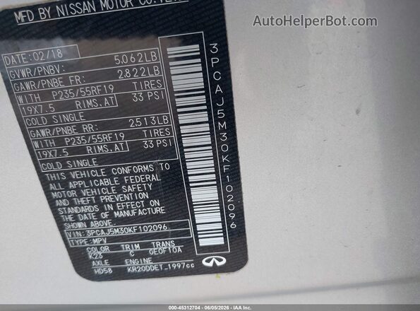 3PCAJ5M30KF102096 2019 INFINITI QX50 Silver Vista del compartimento del motor