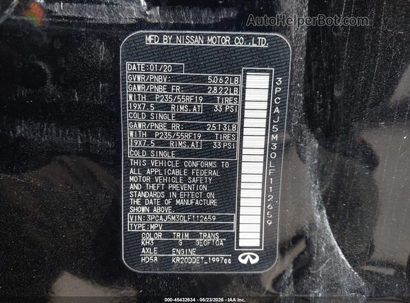3PCAJ5M30LF112659 2020 INFINITI QX50 Black Engine compartment view