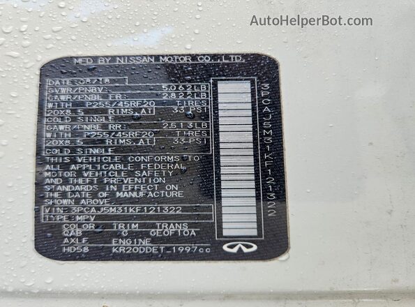3PCAJ5M31KF121322 2019 INFINITI QX50 White 