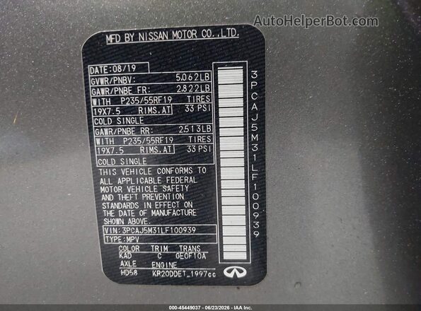3PCAJ5M31LF100939 2020 INFINITI QX50 Gray Vista del compartimento del motor