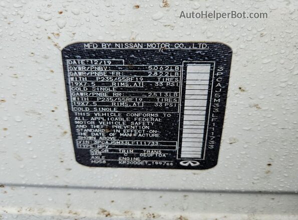 3PCAJ5M33LF111733 2020 INFINITI QX50 White Vista de la etiqueta del VIN
