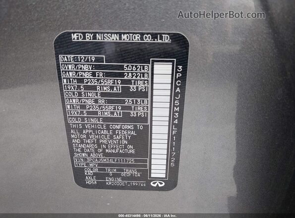 3PCAJ5M34LF111725 2020 INFINITI QX50 Gray Շարժիչի բաժամունքի տեսք