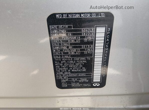 3PCAJ5M35KF140892 2019 INFINITI QX50 Silver Вид підкапотного простору