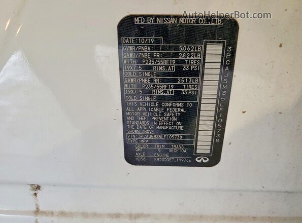 3PCAJ5M35LF105738 2020 INFINITI QX50 Белый Вид наклейки с VIN-кодом
